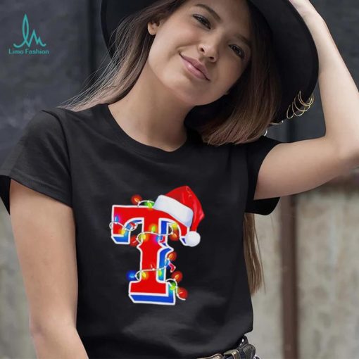 Texas Rangers big logo Santa hat Christmas lights shirt