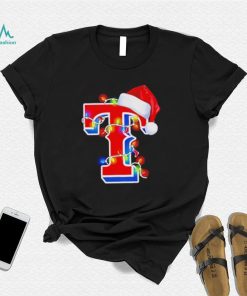Texas Rangers big logo Santa hat Christmas lights shirt