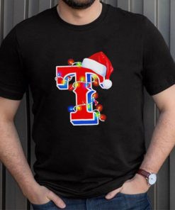 Texas Rangers big logo Santa hat Christmas lights shirt