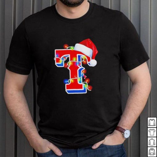 Texas Rangers big logo Santa hat Christmas lights shirt
