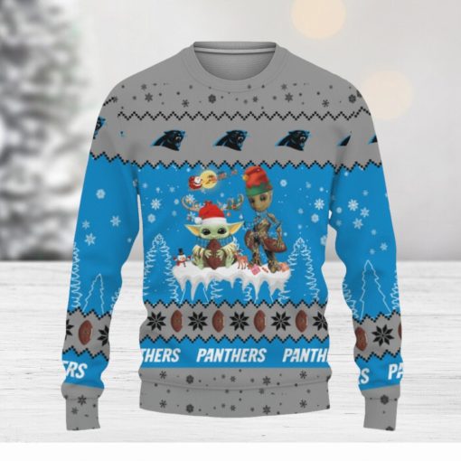 Tis The Season Christmas 2023 Baby Yoda Groot Cute Gift Football American Carolina Panthers Knitted Christmas Sweater