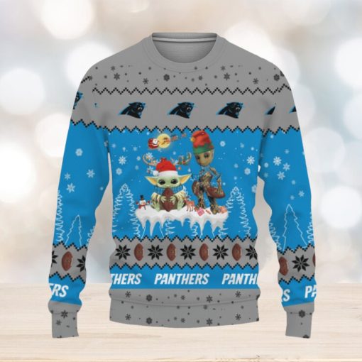 Tis The Season Christmas 2023 Baby Yoda Groot Cute Gift Football American Carolina Panthers Knitted Christmas Sweater