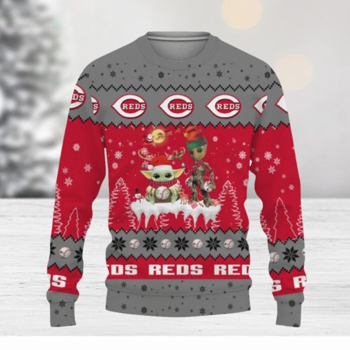 Tis The Season Christmas 2023 Baby Yoda Groot Cute Gift Football American Cincinnati Reds Knitted Xmas 3D Sweater