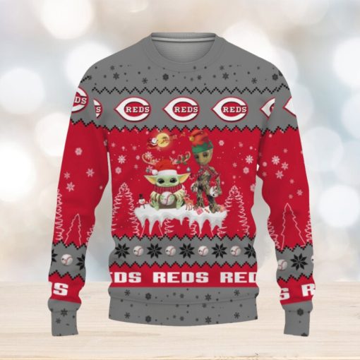 Tis The Season Christmas 2023 Baby Yoda Groot Cute Gift Football American Cincinnati Reds Knitted Xmas 3D Sweater