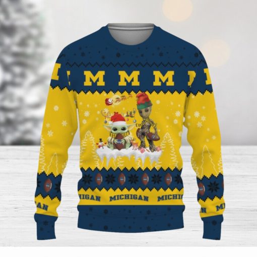 Tis The Season Christmas 2023 Baby Yoda Groot Cute Gift Football American Michigan Wolverines Knitted Christmas Sweater