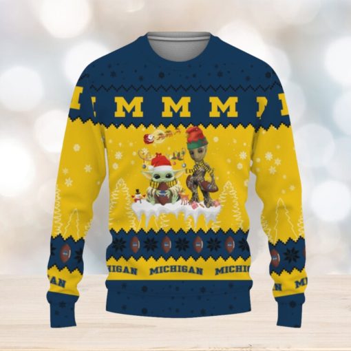 Tis The Season Christmas 2023 Baby Yoda Groot Cute Gift Football American Michigan Wolverines Knitted Christmas Sweater