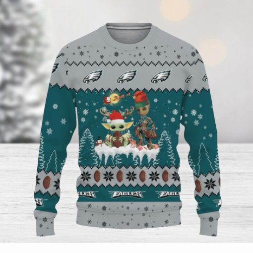 Tis The Season Christmas 2023 Baby Yoda Groot Cute Gift Football American Philadelphia Eagles Ugly Xmas Sweater AOP