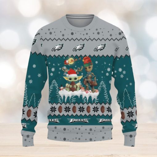 Tis The Season Christmas 2023 Baby Yoda Groot Cute Gift Football American Philadelphia Eagles Ugly Xmas Sweater AOP