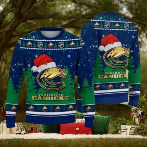 Vancouver Canucks Logo Golden Fans Santa Hat Tree Ugly Christmas Sweater