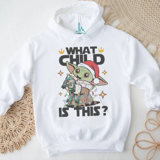 What child is this Yoda Santa hat Christmas lights shirt