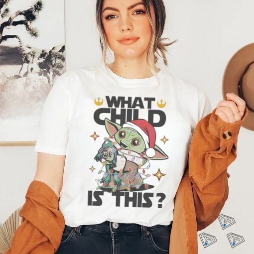 What child is this Yoda Santa hat Christmas lights shirt