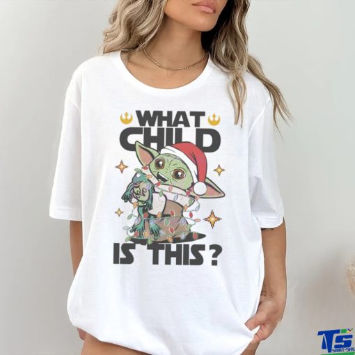 What child is this Yoda Santa hat Christmas lights shirt