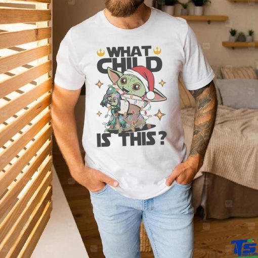 What child is this Yoda Santa hat Christmas lights shirt