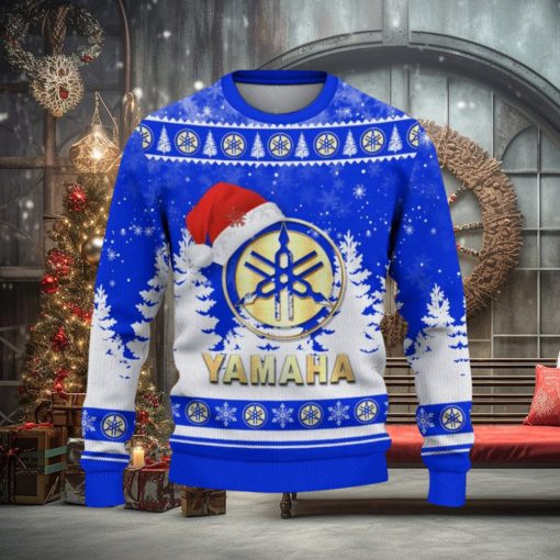 Yamaha Blue Logo Wearing Santa Hat Trending Christmas Gift AOP Ugly Christmas Sweater Men Women Winter Gift