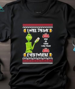 grinch I Will Drink Stella Artois Here And There Everywhere Merry Christmas Tshirt