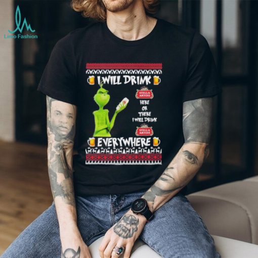 grinch I Will Drink Stella Artois Here And There Everywhere Merry Christmas Tshirt