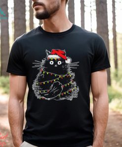 santa black cat tangled up in christmas tree lights holiday t shirt