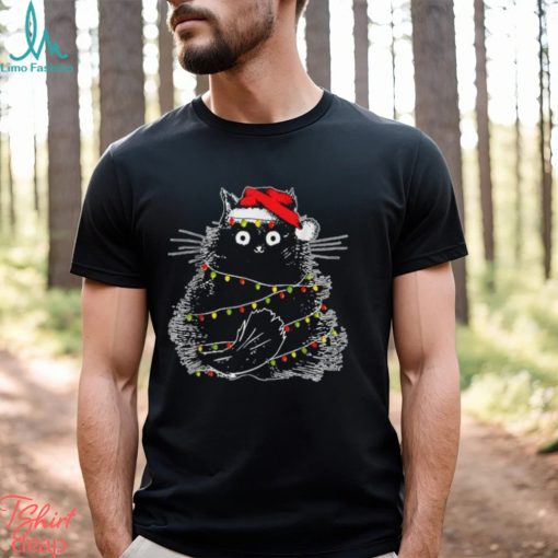 santa black cat tangled up in christmas tree lights holiday t shirt