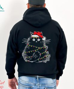 santa black cat tangled up in christmas tree lights holiday t shirt