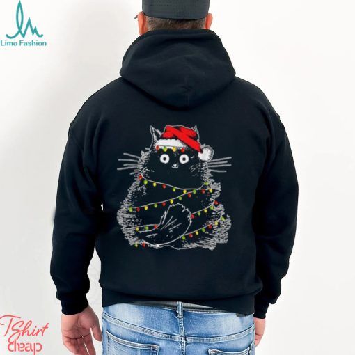 santa black cat tangled up in christmas tree lights holiday t shirt