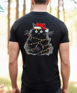 santa black cat tangled up in christmas tree lights holiday t shirt