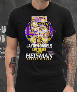 5 Jayden Daniels LSU Tigers 2023 Hei5man trophy winner signature shirt