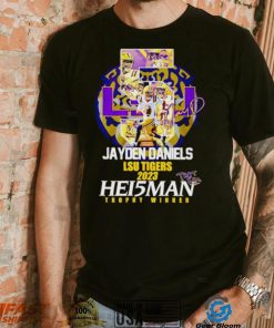 5 Jayden Daniels LSU Tigers 2023 Hei5man trophy winner signature shirt