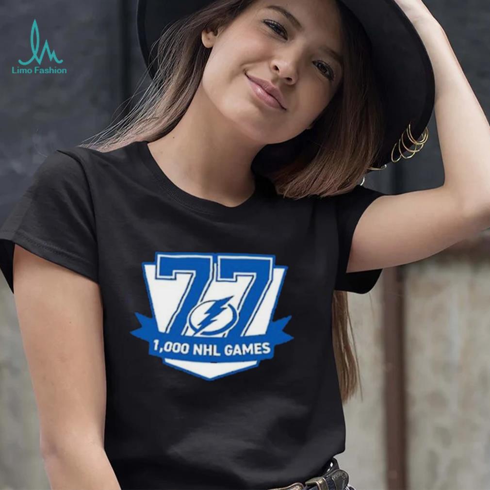 77 Victor Hedman Tampa Bay Lightning 1,000 Games Logo Shirt 77 Victor Hedman Tampa Bay Lightning 1,000 Games Logo Shirt