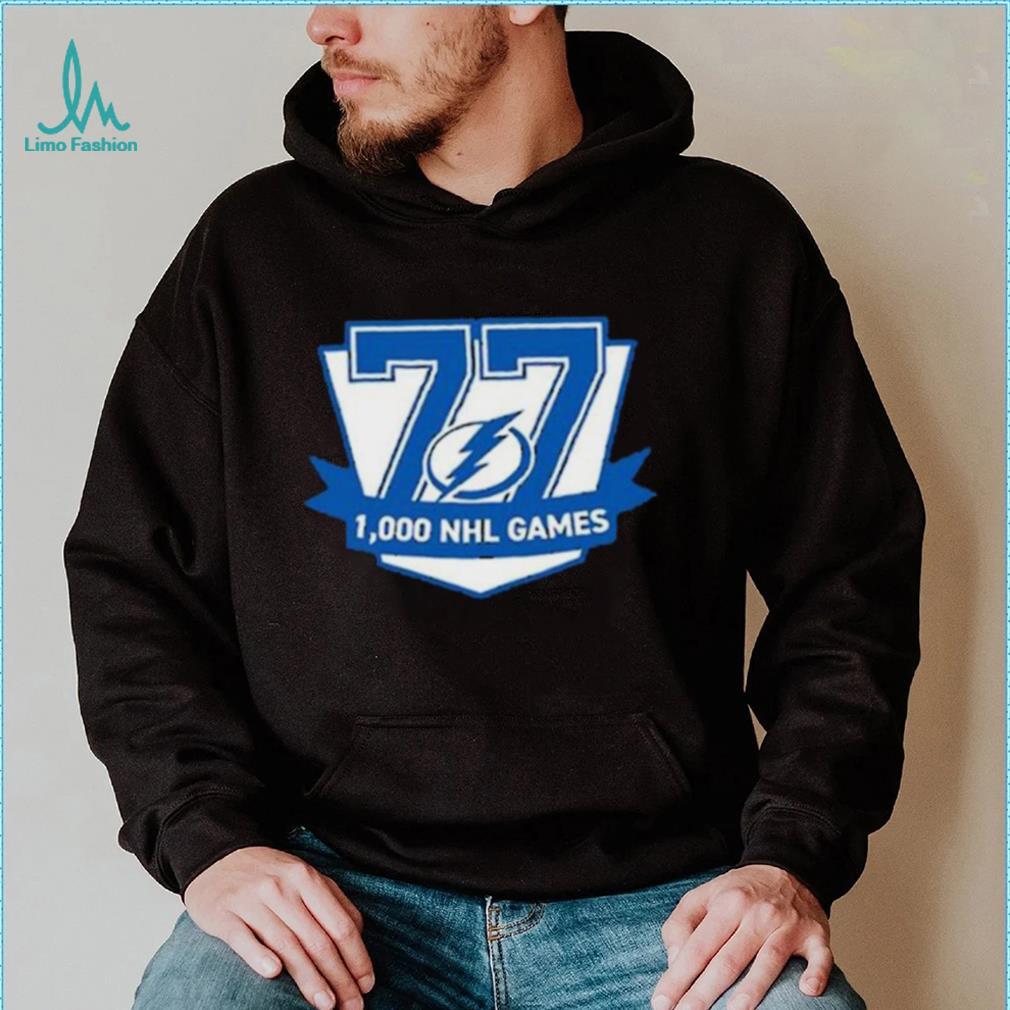 77 Victor Hedman Tampa Bay Lightning 1,000 Games Logo Shirt 77 Victor Hedman Tampa Bay Lightning 1,000 Games Logo Shirt