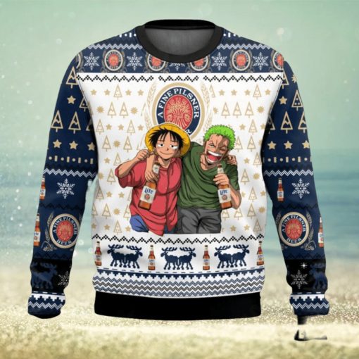 A Fine Pilsner Miller Lite x One Pice Luffy Zoro Ugly Christmas Sweater