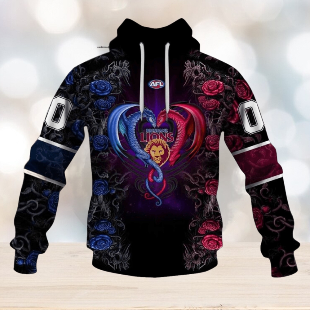AFL Brisbane Lions Custom Name Number Rose Dragon Pullover Hoodie AFL Brisbane Lions Custom Name Number Rose Dragon Pullover Hoodie