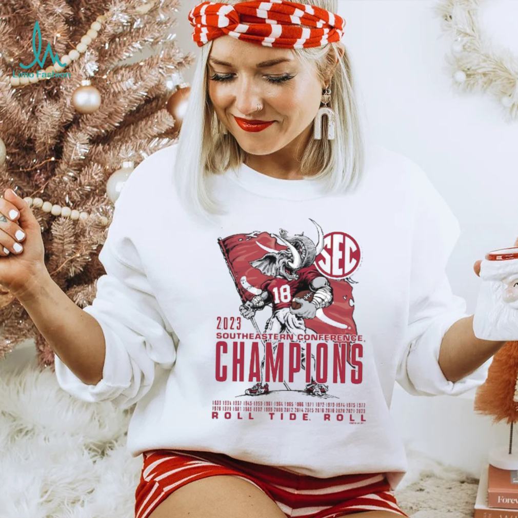 Alabama Crimson Tide 2023 SEC Football Conference Champions Mascot Flag T Shirt Alabama Crimson Tide 2023 SEC Football Conference Champions Mascot Flag T Shirt