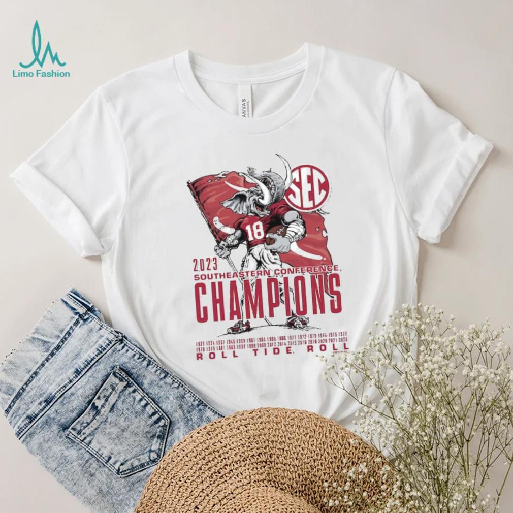 Alabama Crimson Tide 2023 SEC Football Conference Champions Mascot Flag T Shirt Alabama Crimson Tide 2023 SEC Football Conference Champions Mascot Flag T Shirt