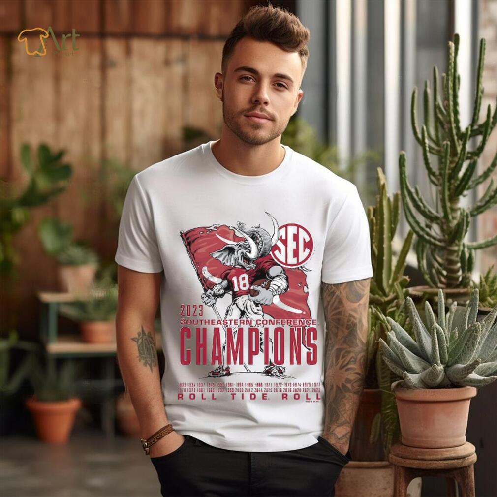 Alabama Crimson Tide 2023 SEC Football Conference Champions Mascot Flag T Shirt Alabama Crimson Tide 2023 SEC Football Conference Champions Mascot Flag T Shirt