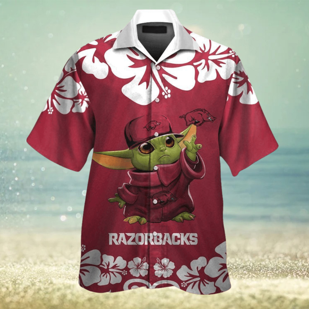 Arkansas Razorbacks Baby Yoda Short Sleeve Button Up Tropical Hawaiian Shirt Arkansas Razorbacks Baby Yoda Short Sleeve Button Up Tropical Hawaiian Shirt