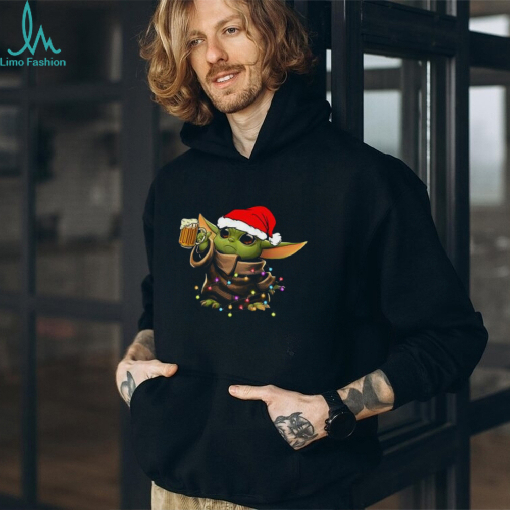 Baby Yoda With Santa Hat Drinking Beer for Christmas T Shirt Baby Yoda With Santa Hat Drinking Beer for Christmas T Shirt