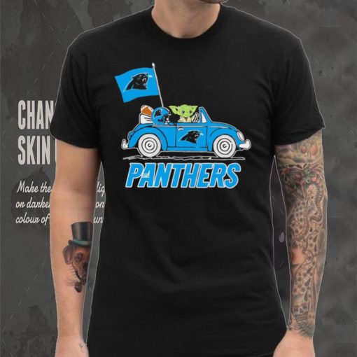 Baby Yoda drive a car Carolina Panthers football flag logo shirt