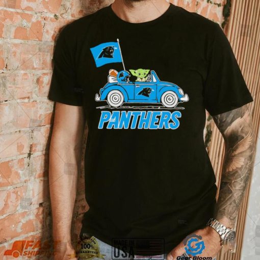 Baby Yoda drive a car Carolina Panthers football flag logo shirt
