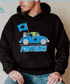 Baby Yoda drive a car Carolina Panthers football flag logo shirt