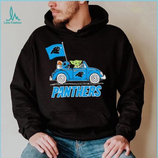Baby Yoda drive a car Carolina Panthers football flag logo shirt