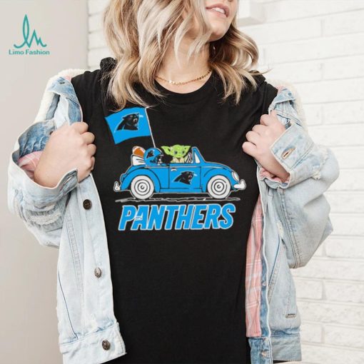 Baby Yoda drive a car Carolina Panthers football flag logo shirt