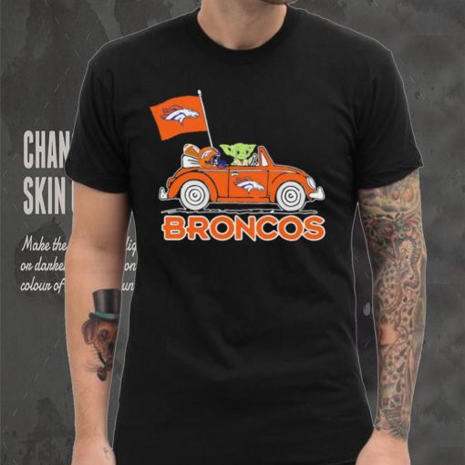 Baby Yoda drive a car Denver Broncos football flag logo shirt