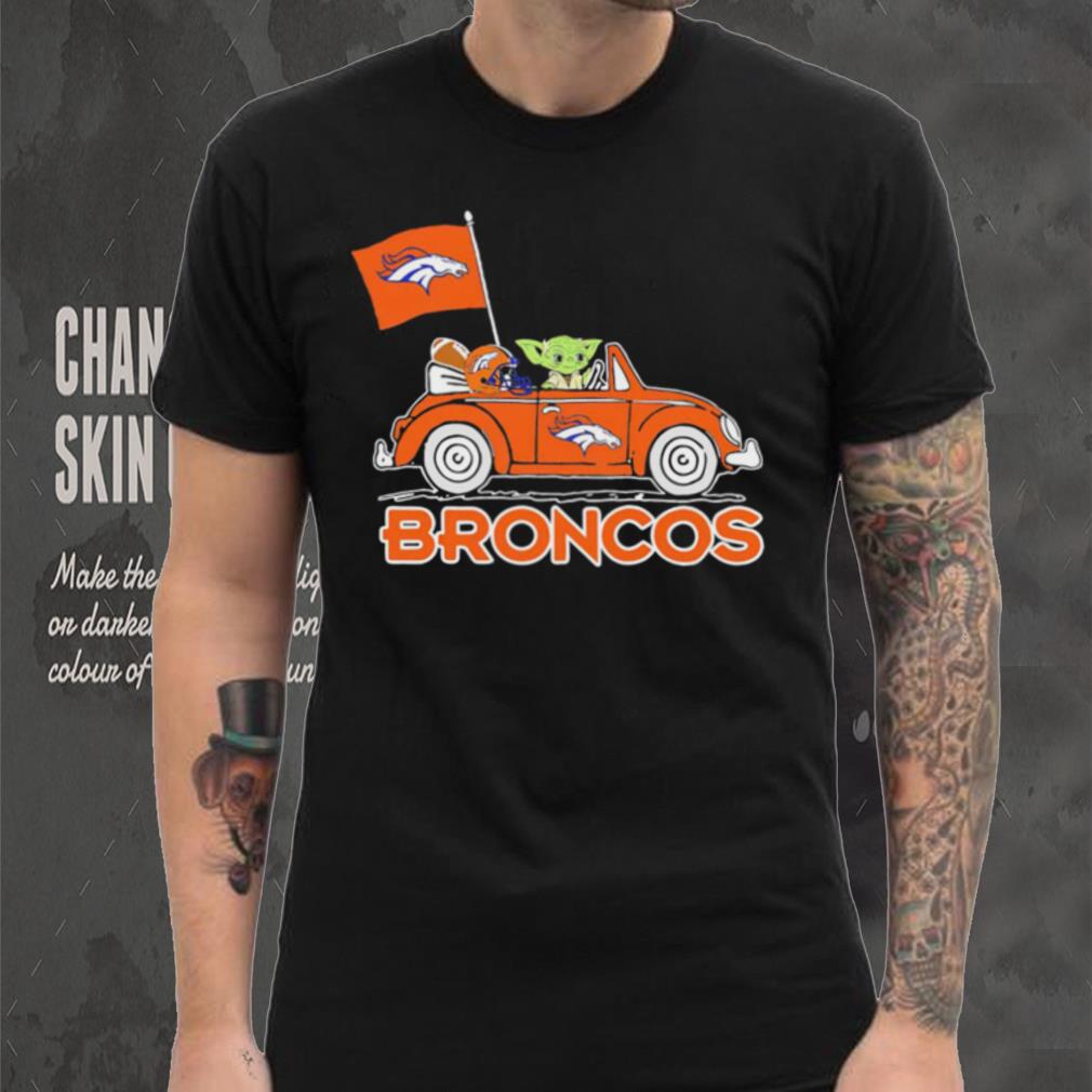 Baby Yoda drive a car Denver Broncos football flag logo shirt Baby Yoda drive a car Denver Broncos football flag logo shirt