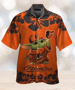 Baltimore Orioles Baby Yoda Short Sleeve Button Up Tropical Hawaiian Shirt