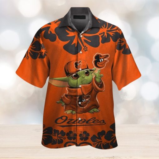 Baltimore Orioles Baby Yoda Short Sleeve Button Up Tropical Hawaiian Shirt