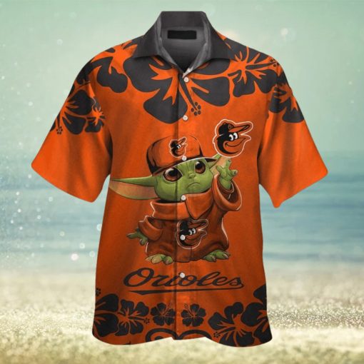 Baltimore Orioles Baby Yoda Short Sleeve Button Up Tropical Hawaiian Shirt