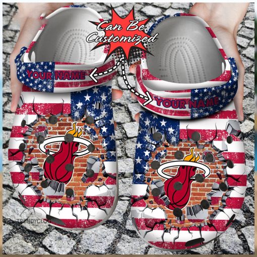 Basketball Personalized Miami Heat American Flag Breaking Wall Clog Shoes