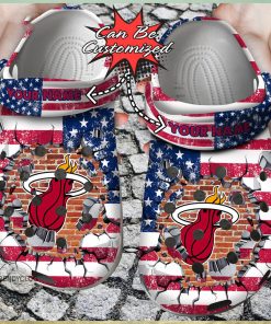 Basketball Personalized Miami Heat American Flag Breaking Wall Clog Shoes