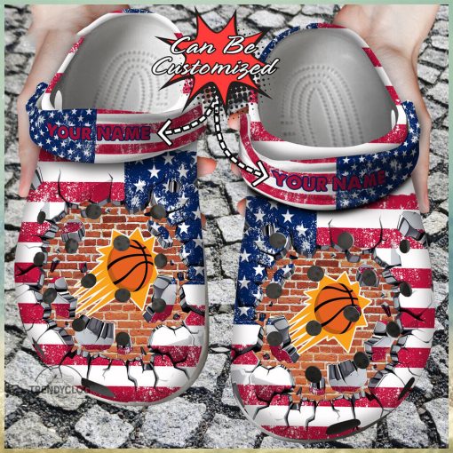 Basketball Personalized Phoenix Suns American Flag Breaking Wall Clog Shoes