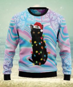 Black Cat Hologram And Mandala Pattern Knitted Ugly Xmas Sweater